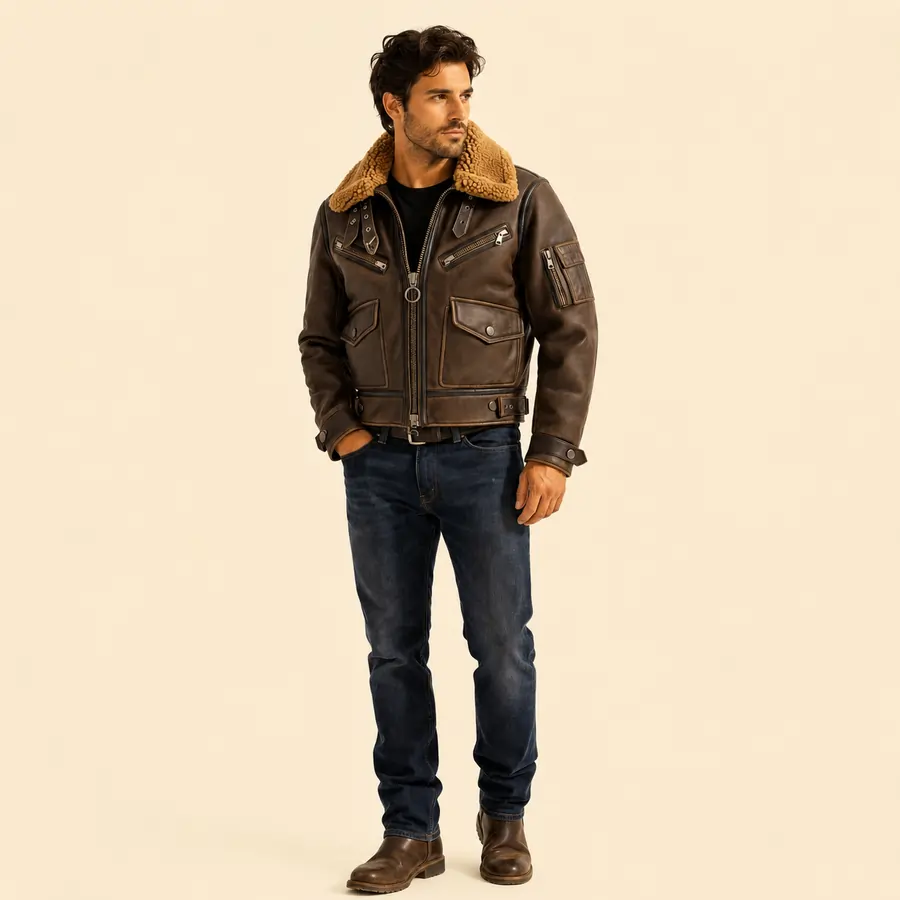Brown leather aviator jacket
